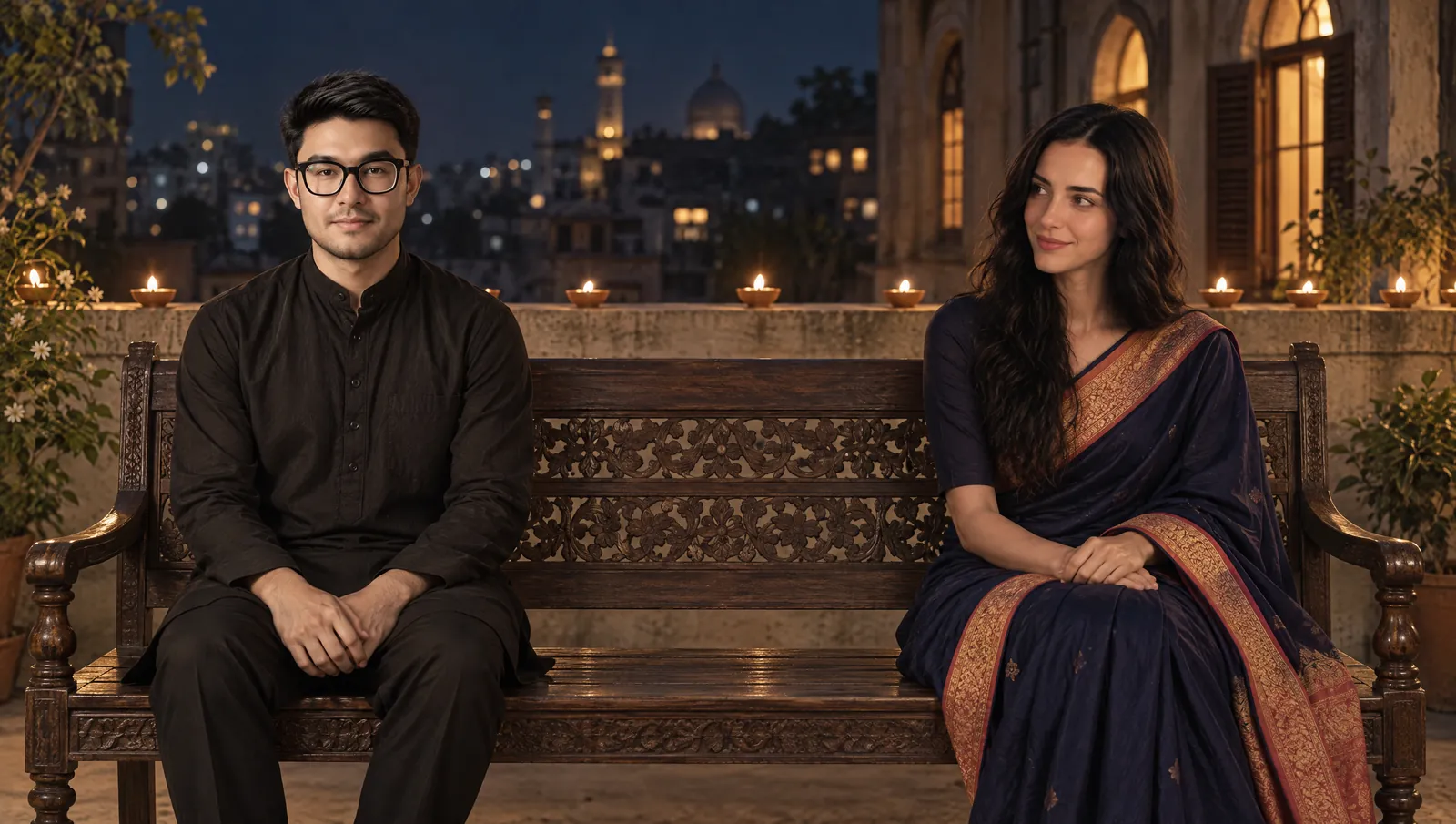 Tanvir Israque and Subah sitting at the two ends of one carved wooden bench on an old Dhaka terrace at night: he is on the left in a black panjabi, looking ahead; she is on the right in a midnight-indigo saree, looking towards him with a small smile; clay oil lamps burn along the wall behind them