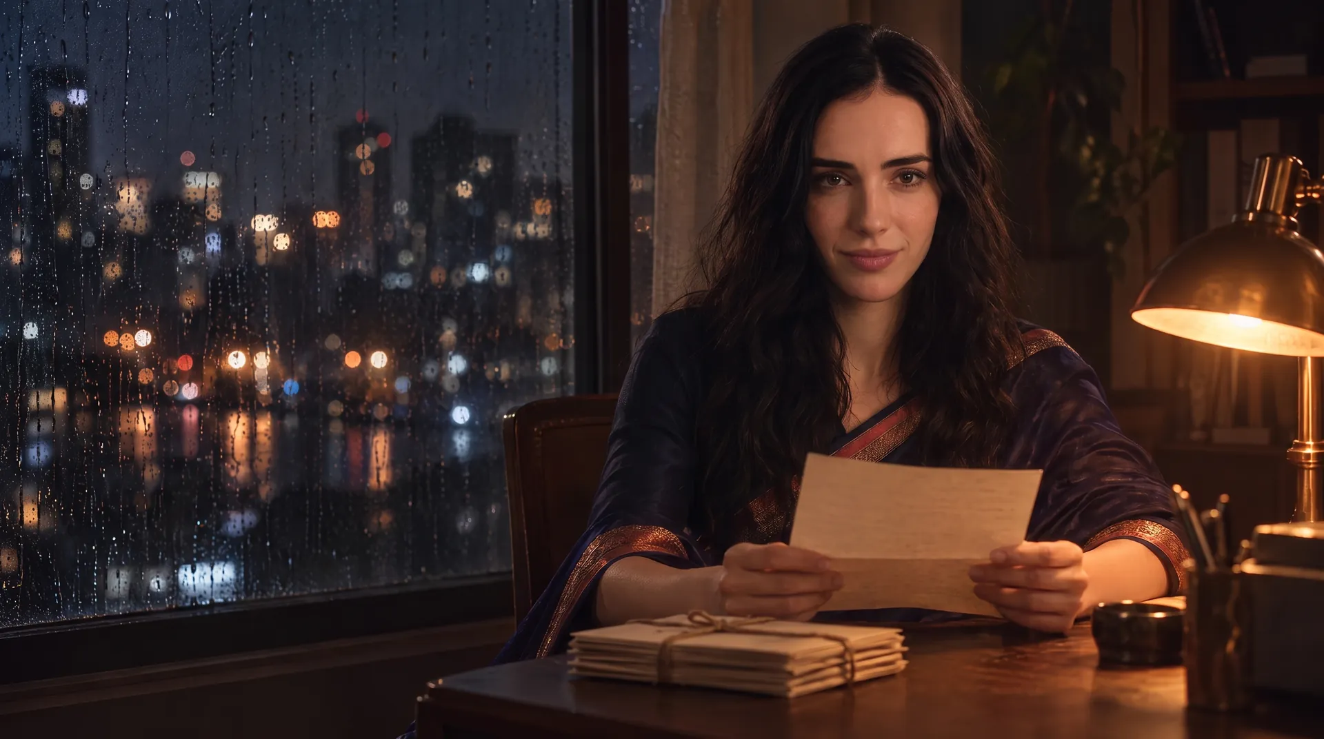 Subah reading a letter beside a rain-streaked window at night