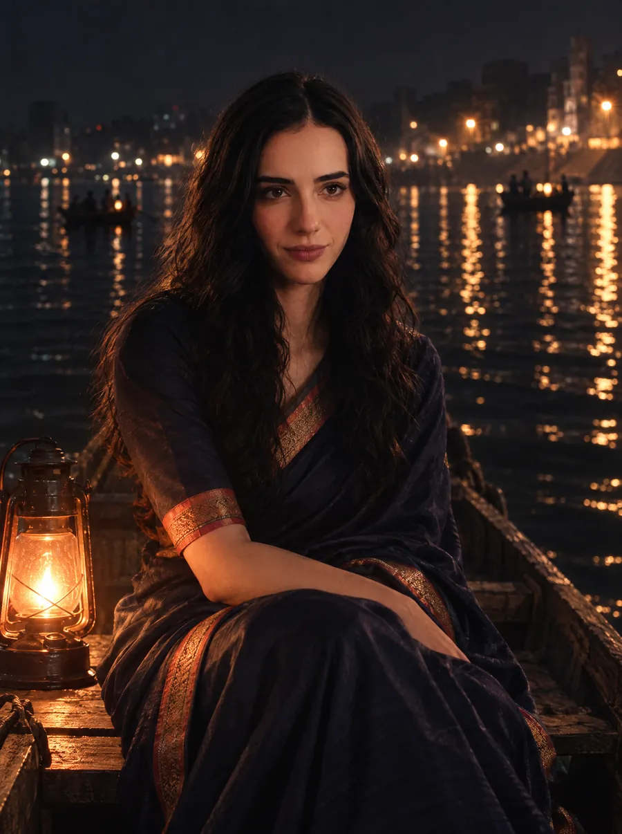 Subah in a small boat on the river at night beside a lantern