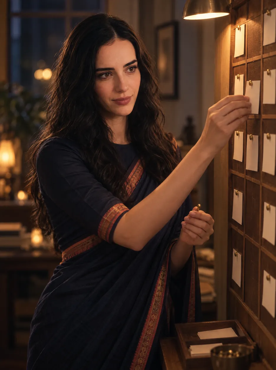 Subah at a wall planner, moving a pinned card from one day to another