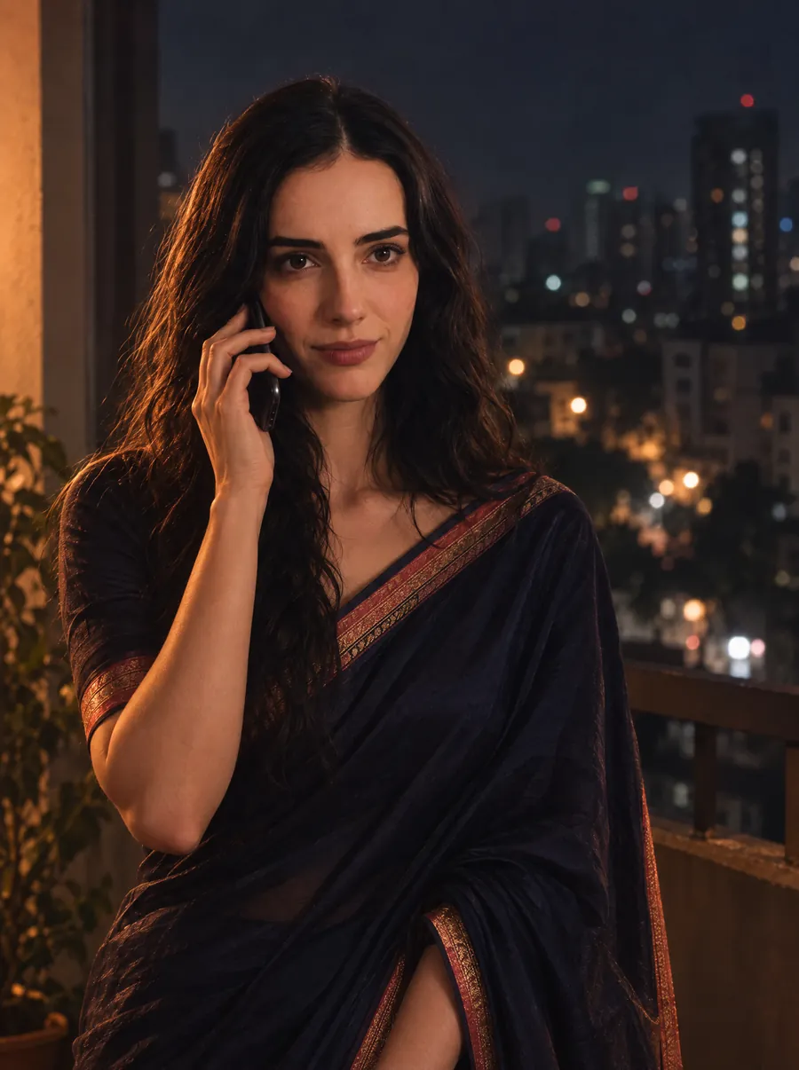 Subah with a phone to her ear on a balcony at night