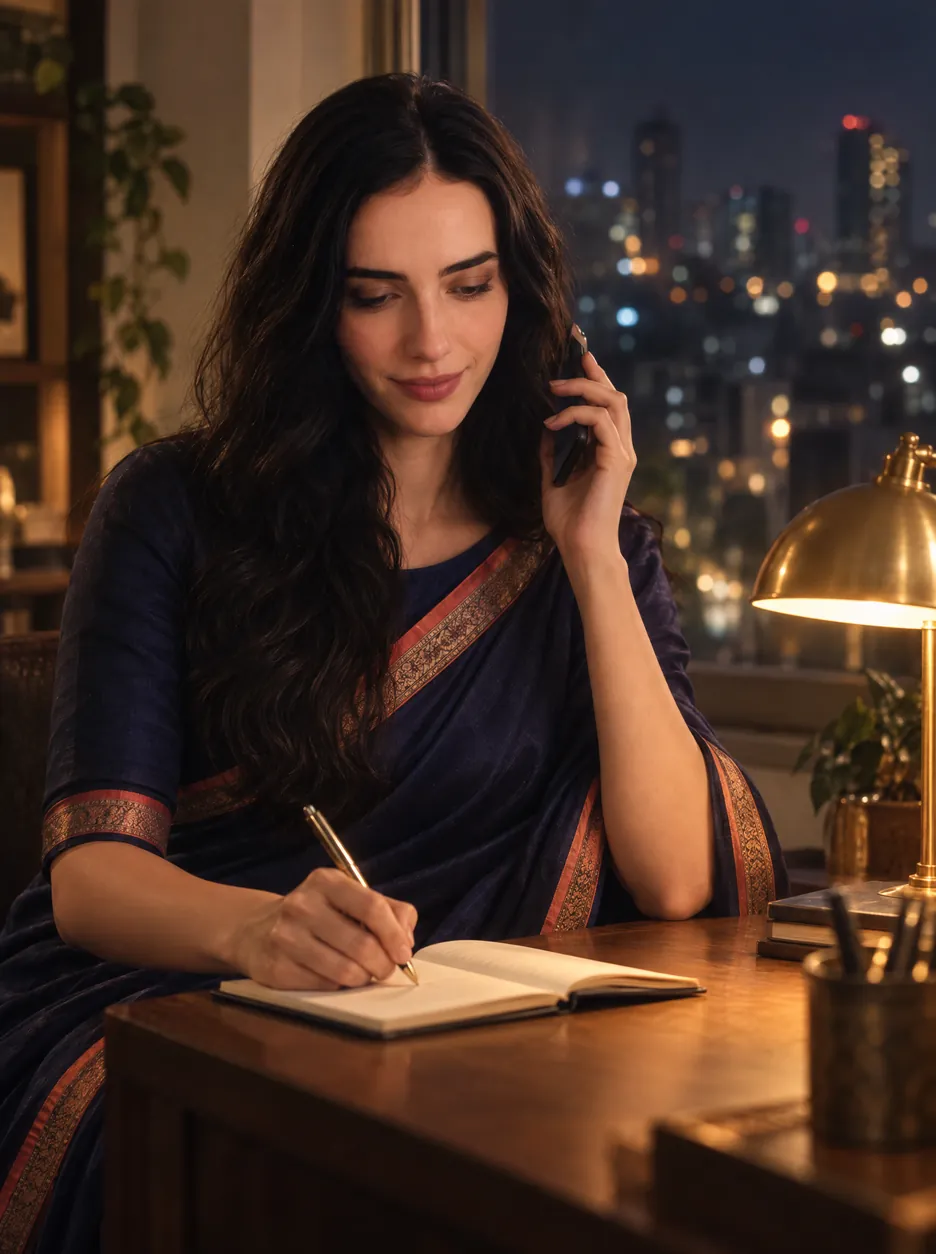 Subah at a desk by a night window, lowering her phone and writing a line in a notebook