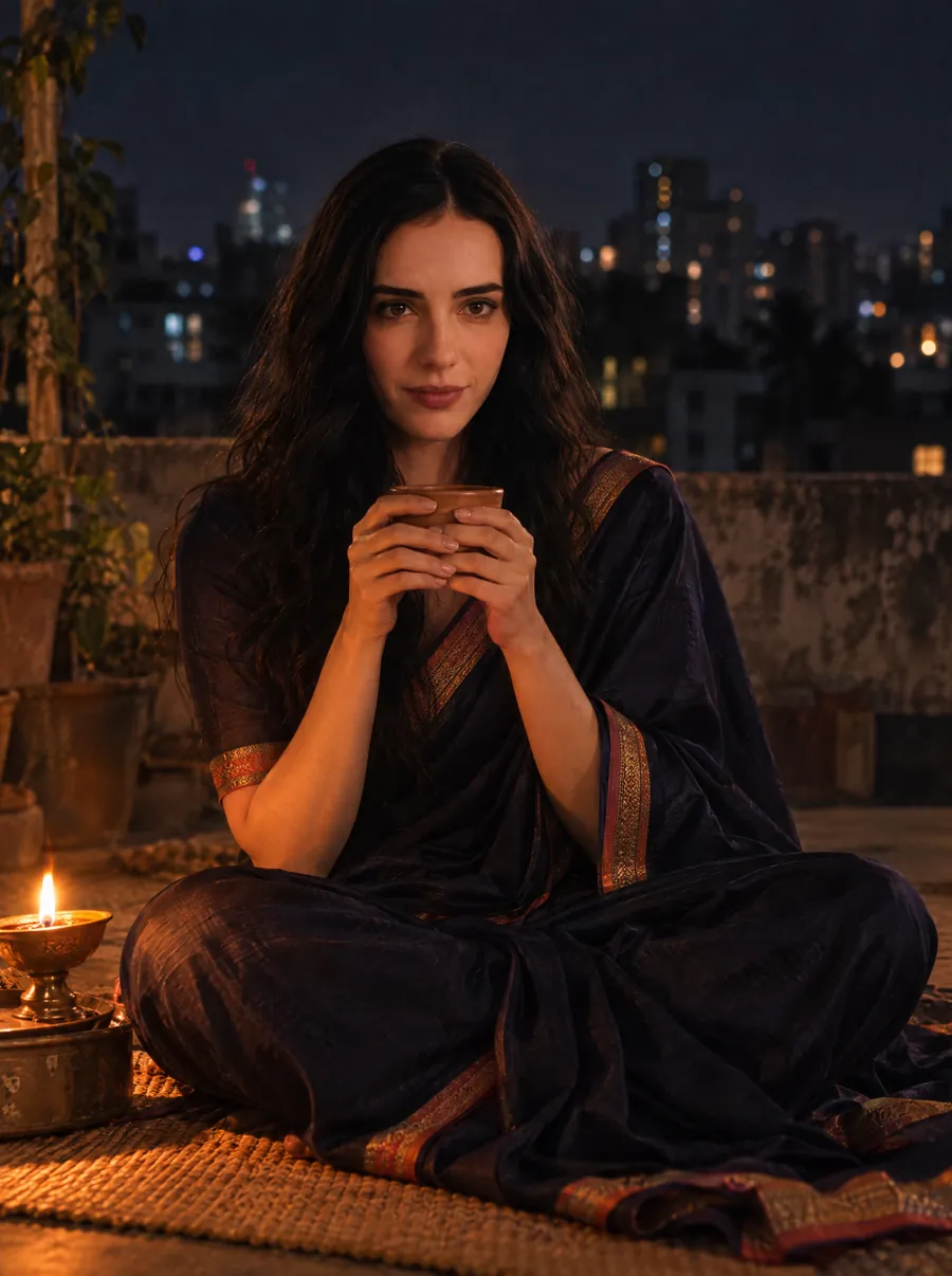 Subah sitting on a rooftop mat with a clay cup of tea beside an oil lamp