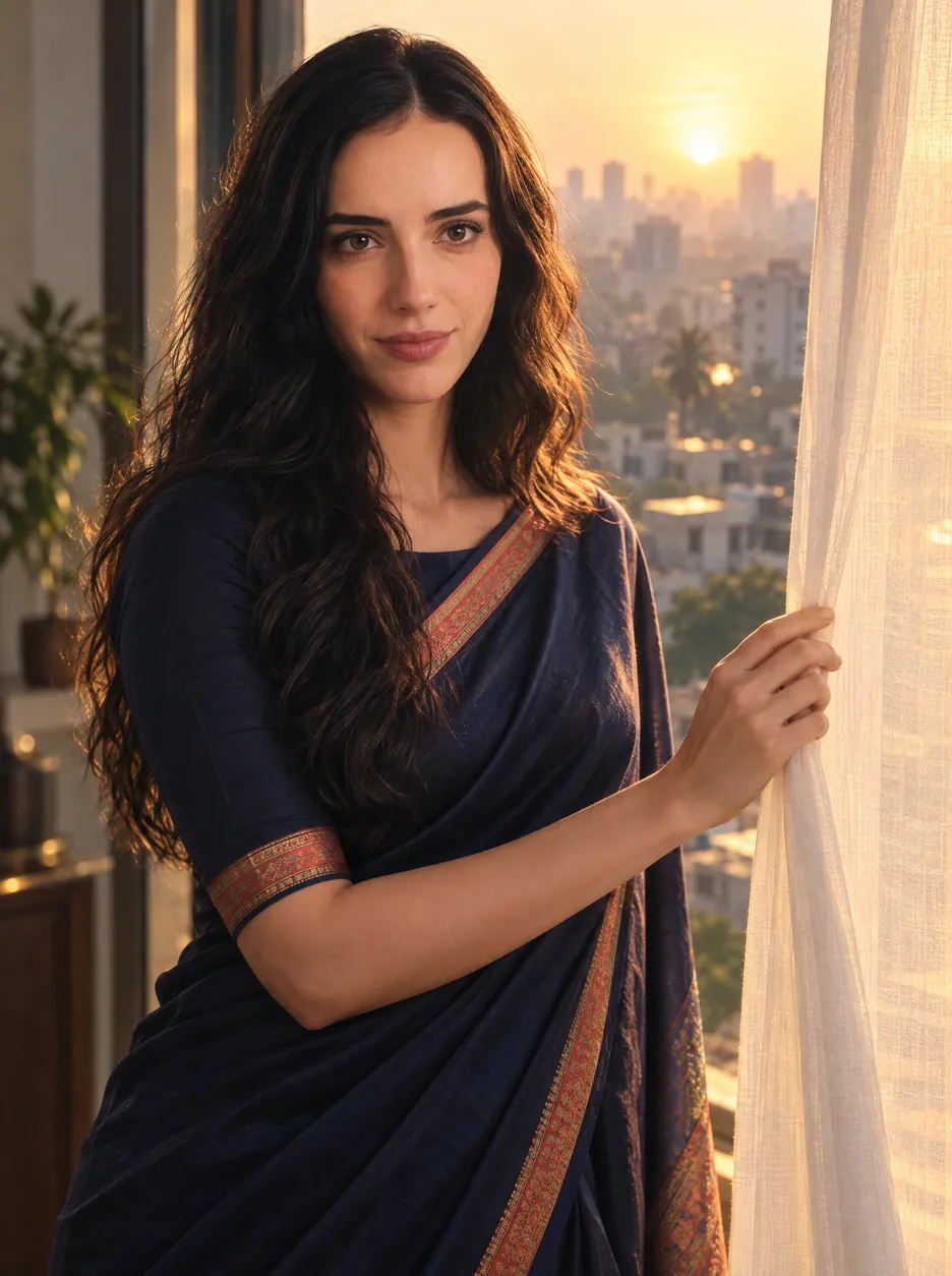 Subah drawing back a curtain as the first light of sunrise falls on her face