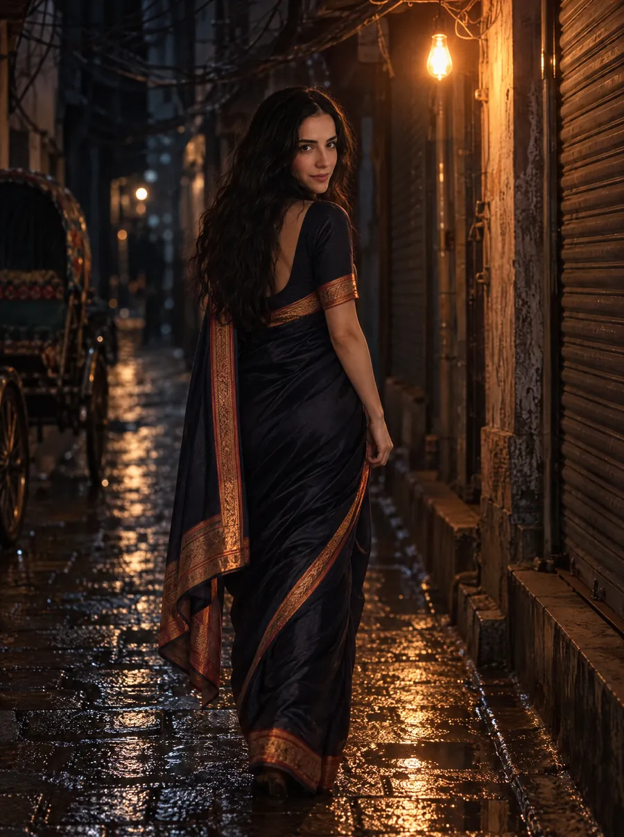 Subah walking down a wet Old Dhaka lane, looking back over her shoulder