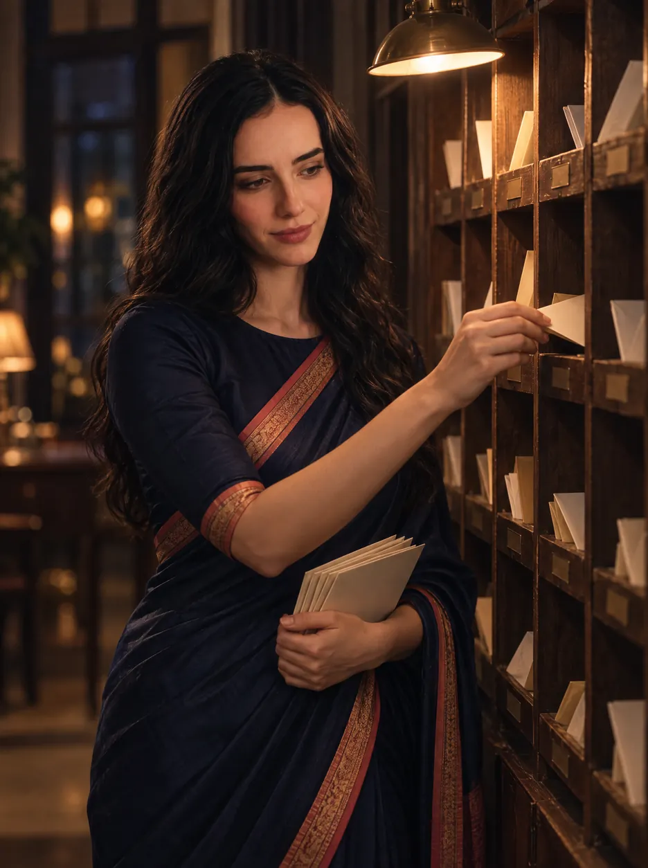 Subah at a wall of wooden letter shelves, slipping an envelope into its slot