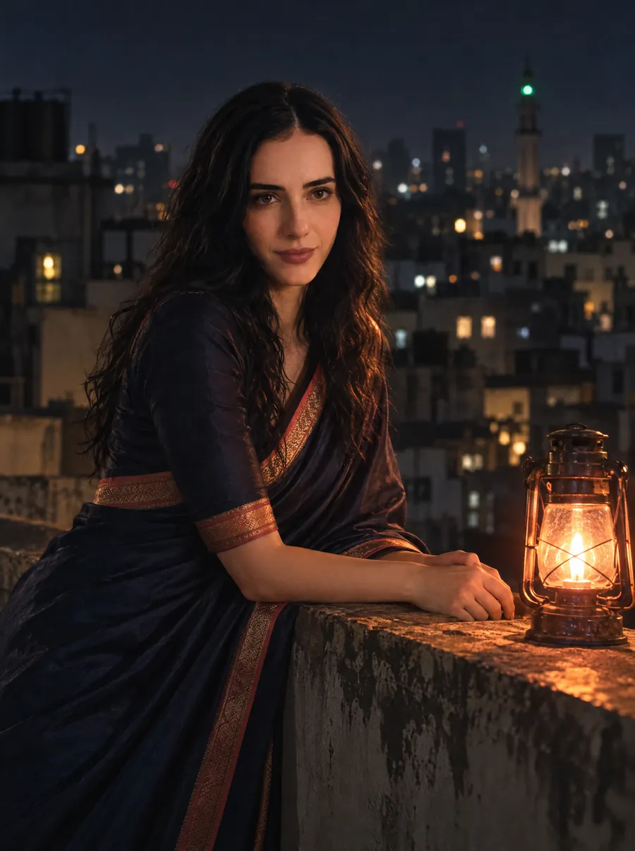 Subah on the rooftop, lifting a lantern toward you, the city behind her