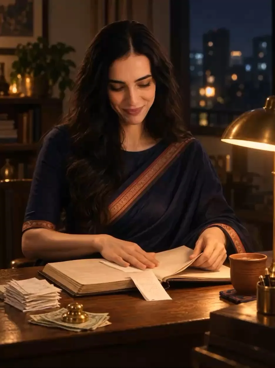 Subah at a lamp-lit desk, sliding a receipt into a ledger beside a stack of receipts and banknotes
