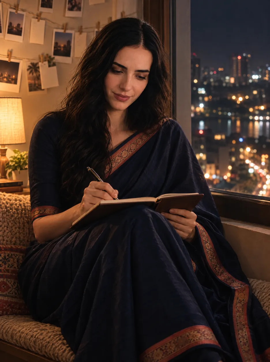 Subah on a window seat at night, writing in a diary, photographs clipped on a string behind her