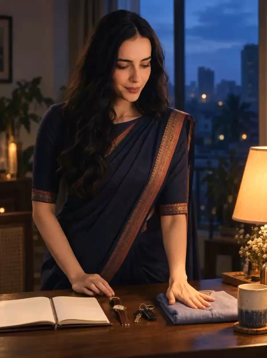 Subah before dawn, laying out a planner, a watch, keys and a folded shirt in a neat row
