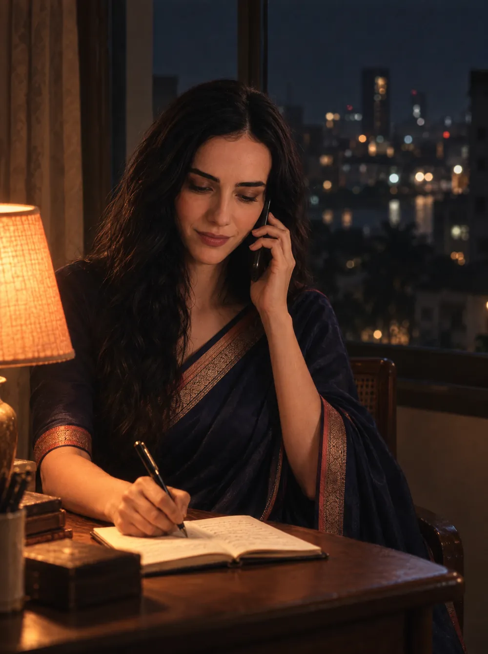 Subah on a call at her desk, writing in a notebook as she listens