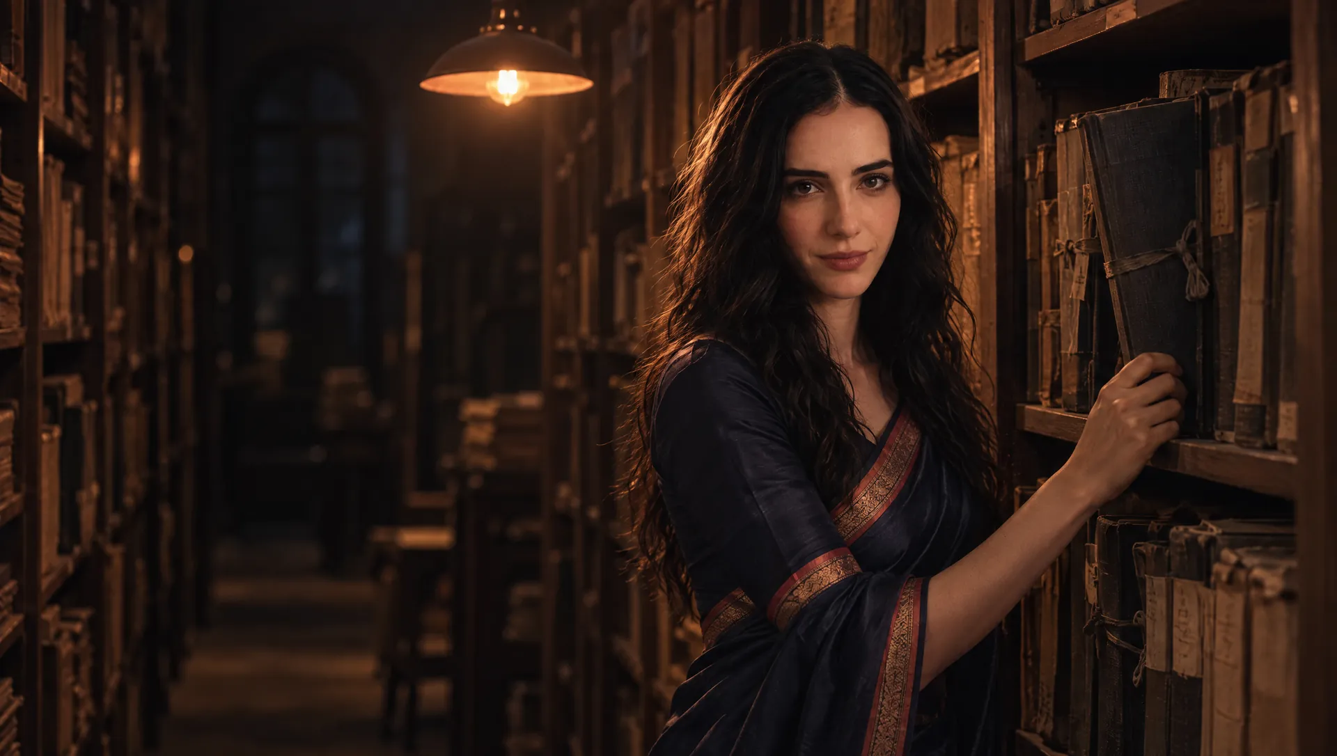 Subah drawing a file from the shelves of an old archive at night