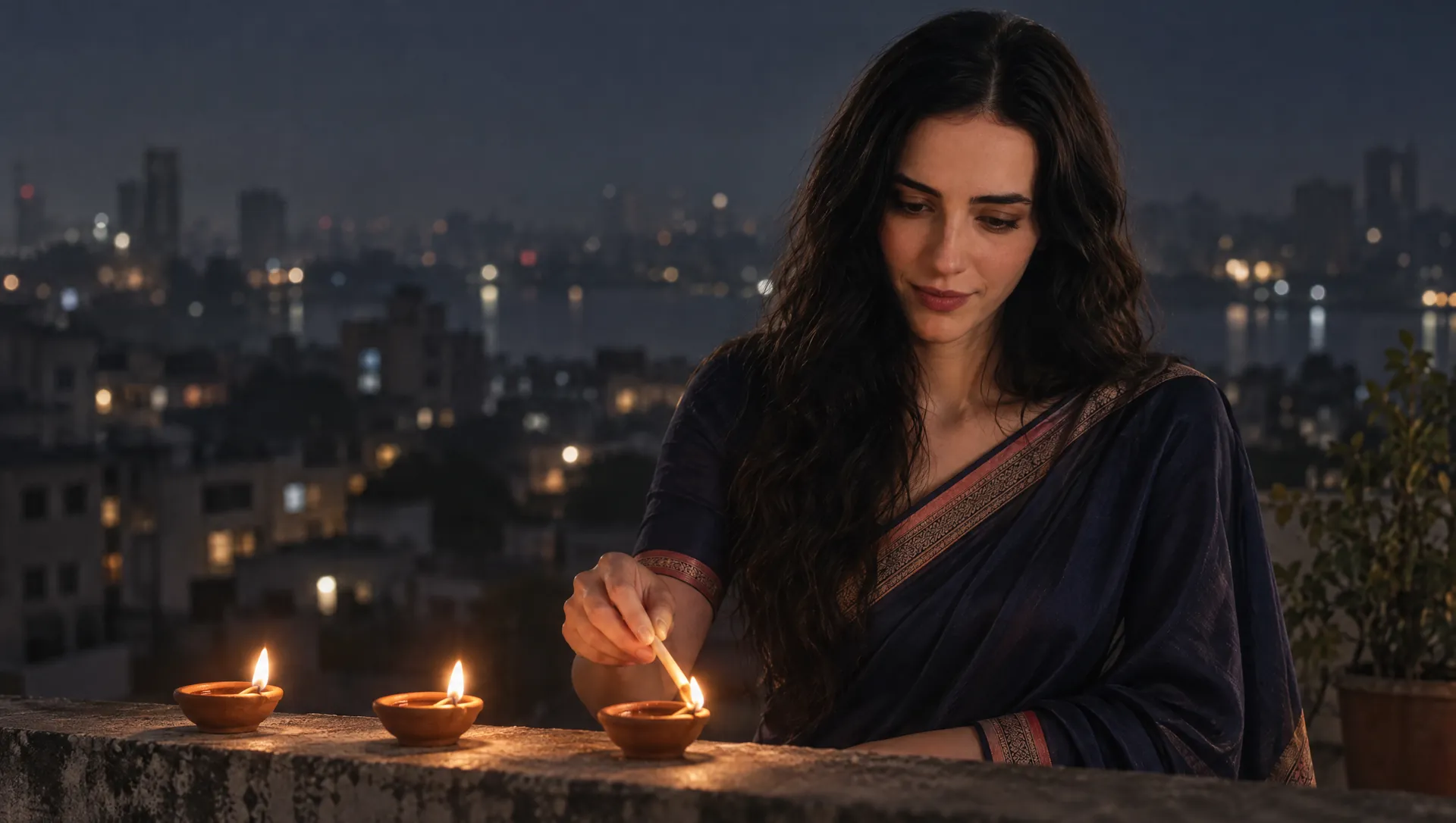 Subah at a rooftop parapet at night, lighting the third of three small clay oil lamps