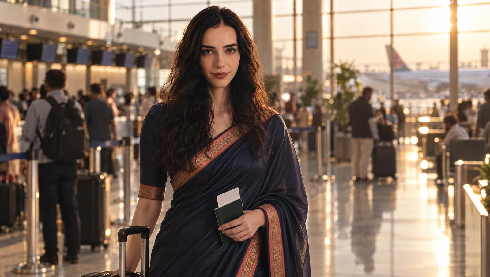 Subah in an airport hall holding a passport and boarding pass