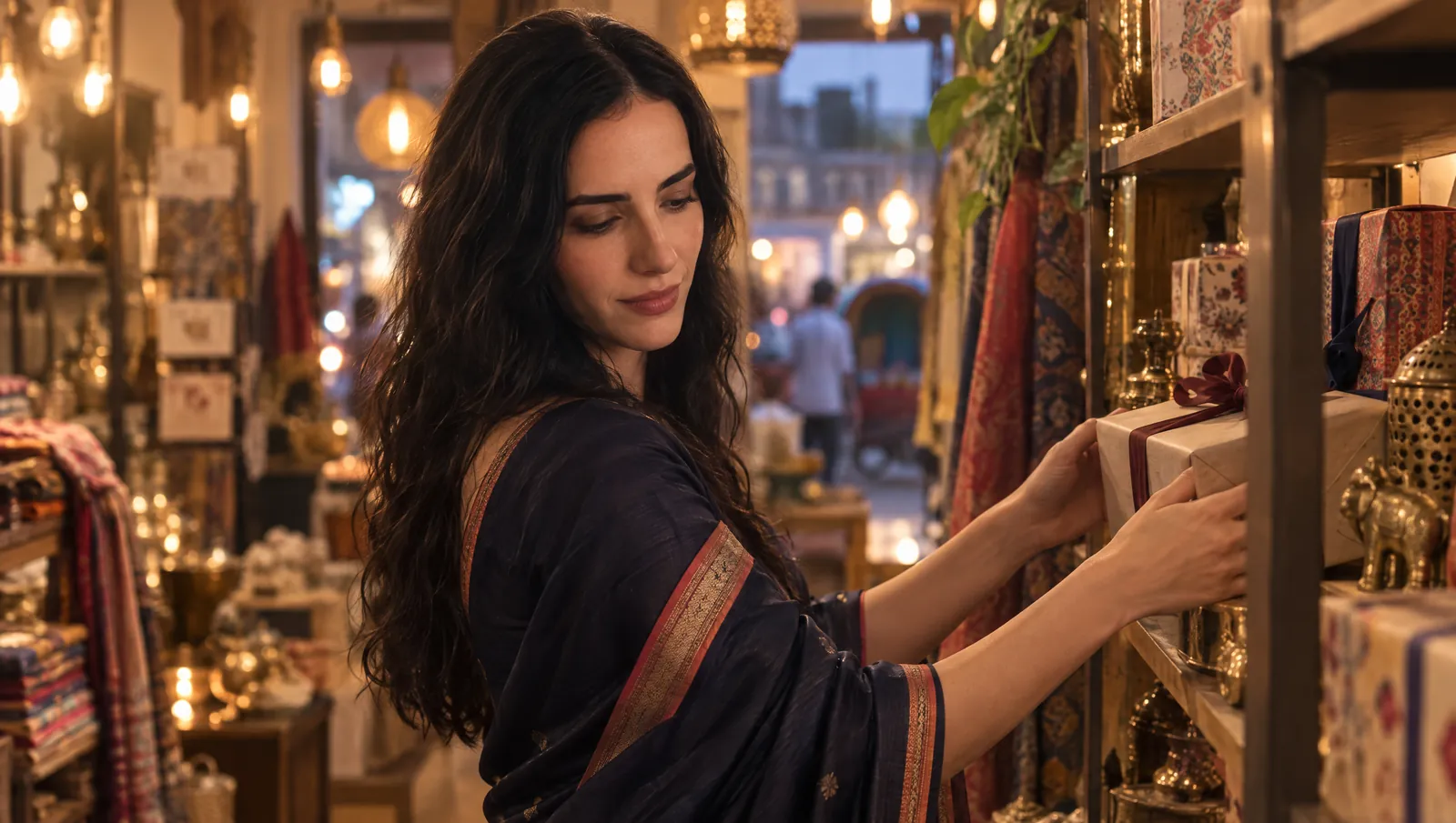Subah in a gift shop reaching for a wrapped box