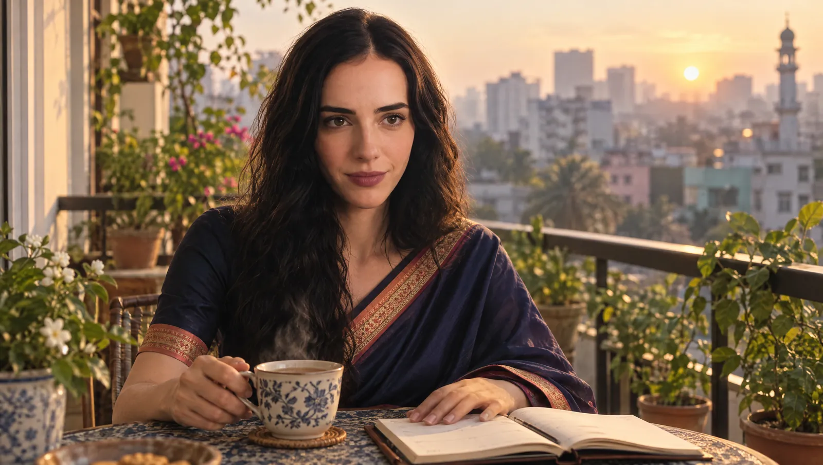 Subah across a balcony table at sunrise with a cup of tea and an open planner