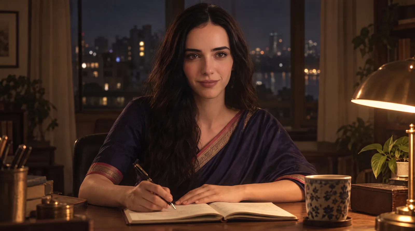 Subah at a desk by a lamp late at night, closing a notebook