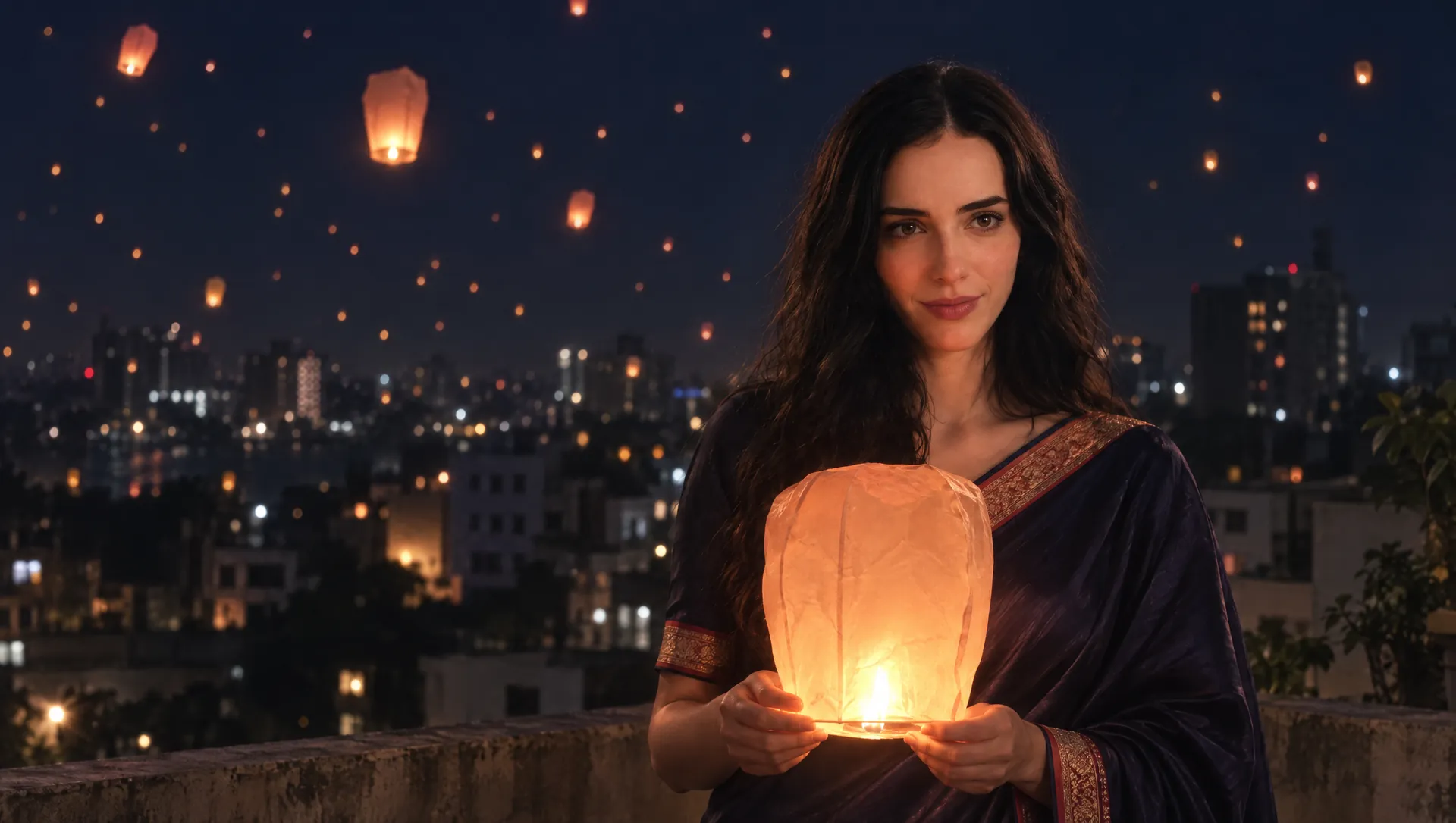 Subah on a rooftop holding a glowing paper lantern, the night sky behind her full of rising lanterns