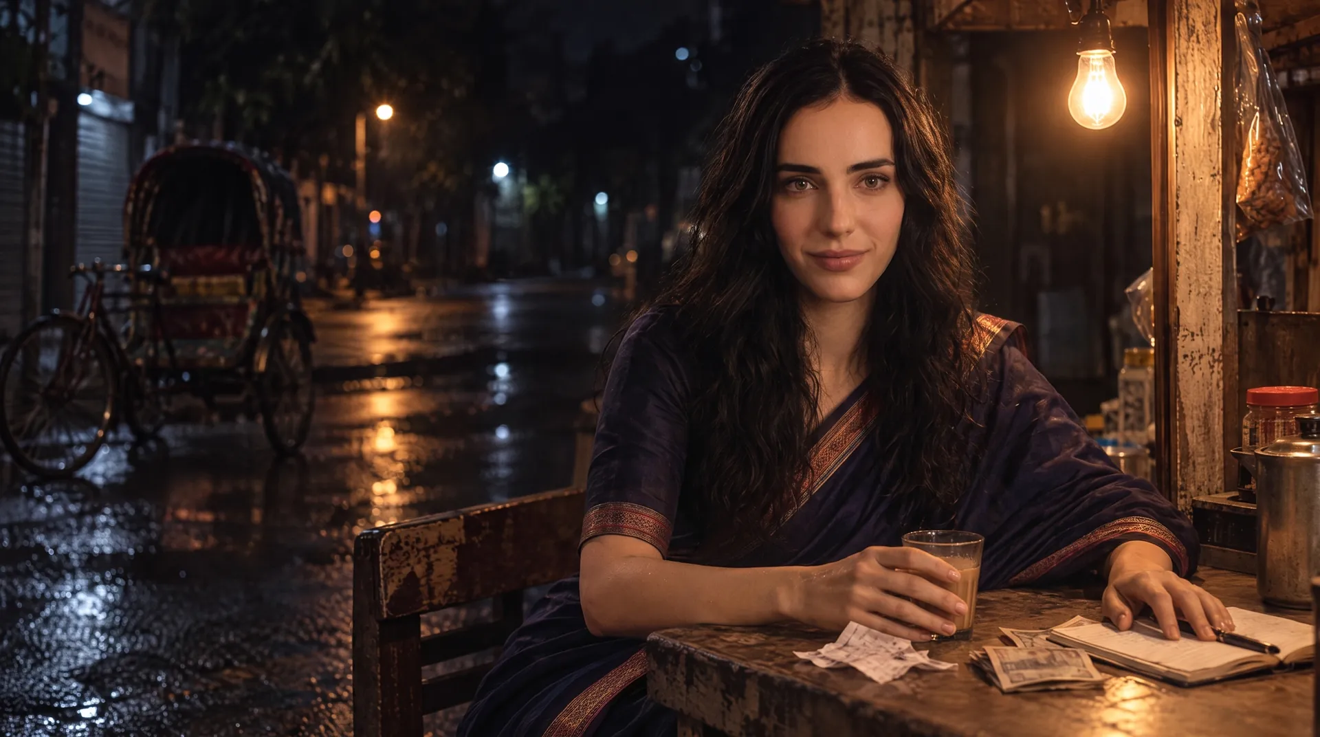 Subah at a late-night Dhaka tea stall with receipts, banknotes and a notebook