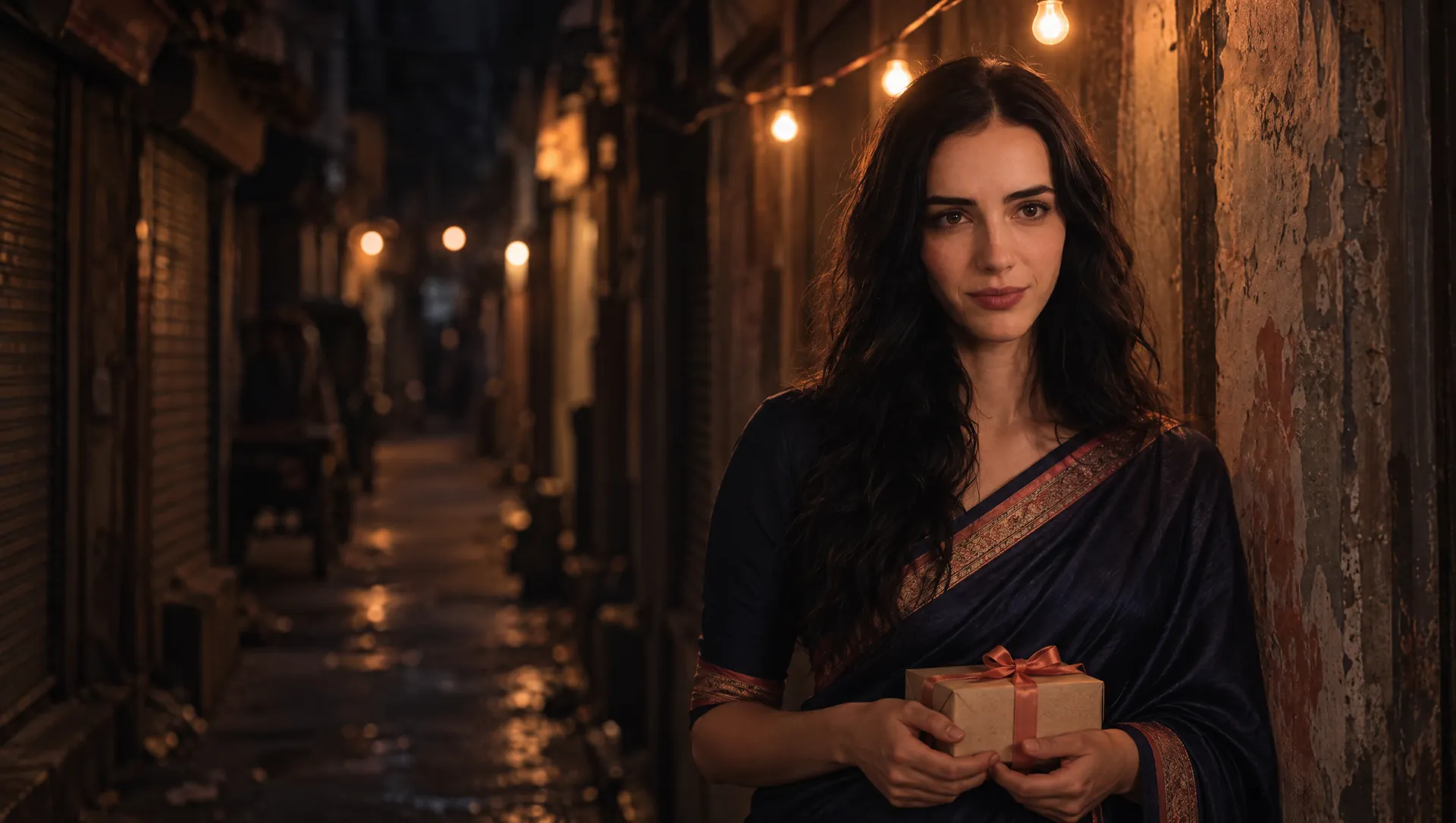 Subah in an Old Dhaka lane under fairy lights, holding a wrapped gift