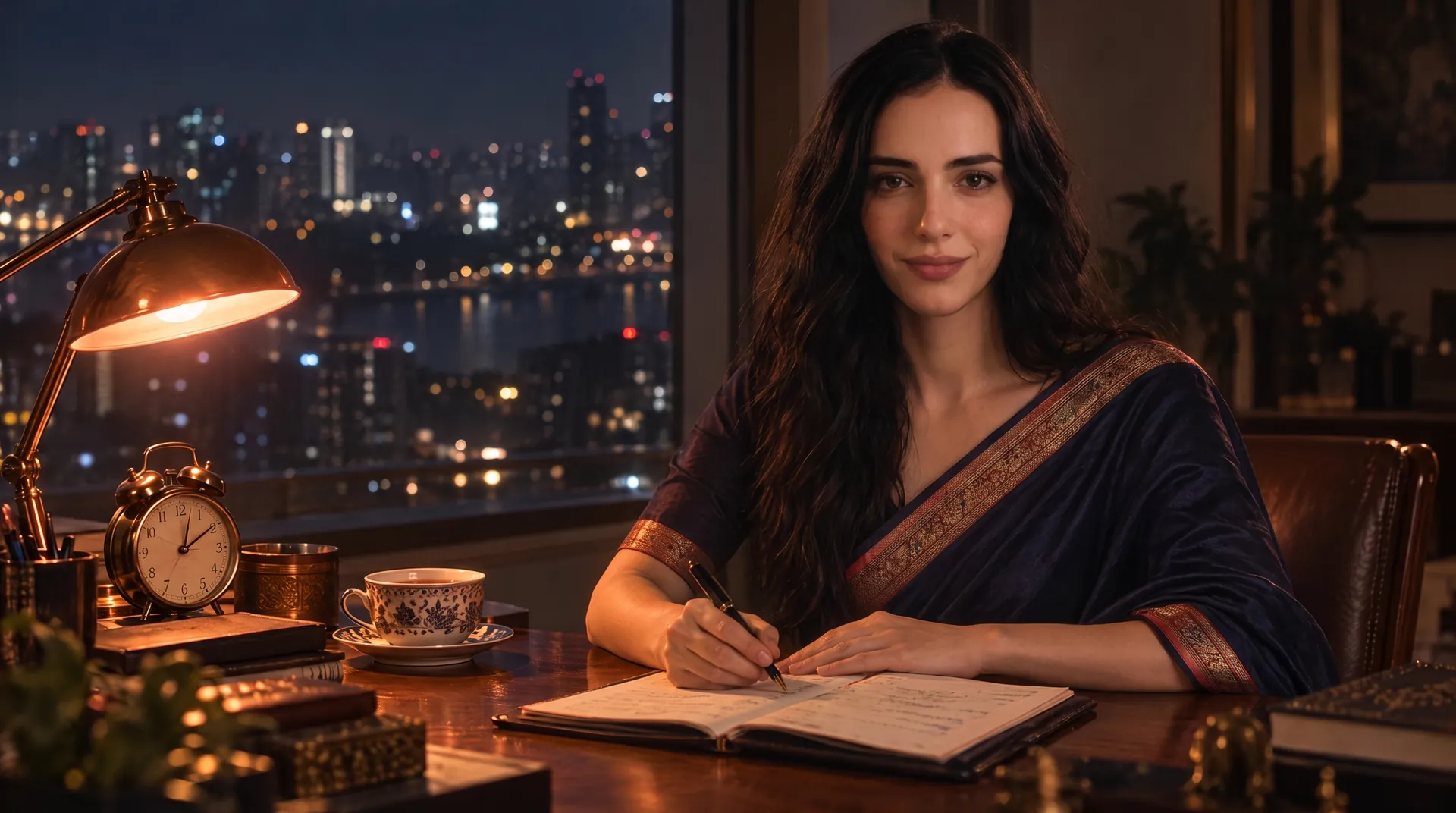 Subah writing in a paper planner at a desk above the city at night