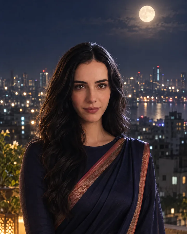 Portrait of Subah on a rooftop under a full moon, the Dhaka skyline behind her