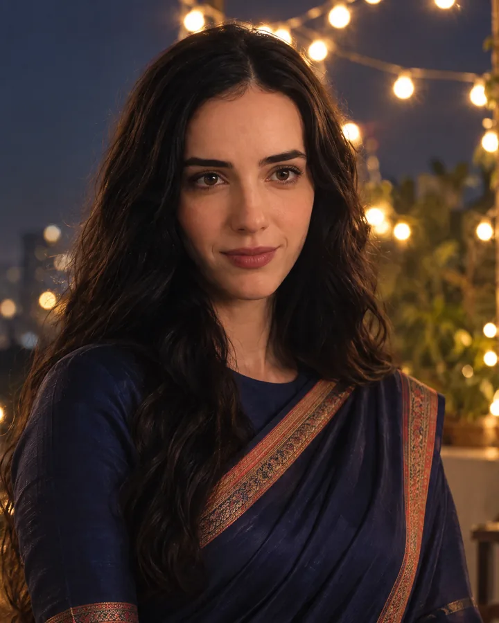 Subah on a Dhaka rooftop at night, fairy lights behind her