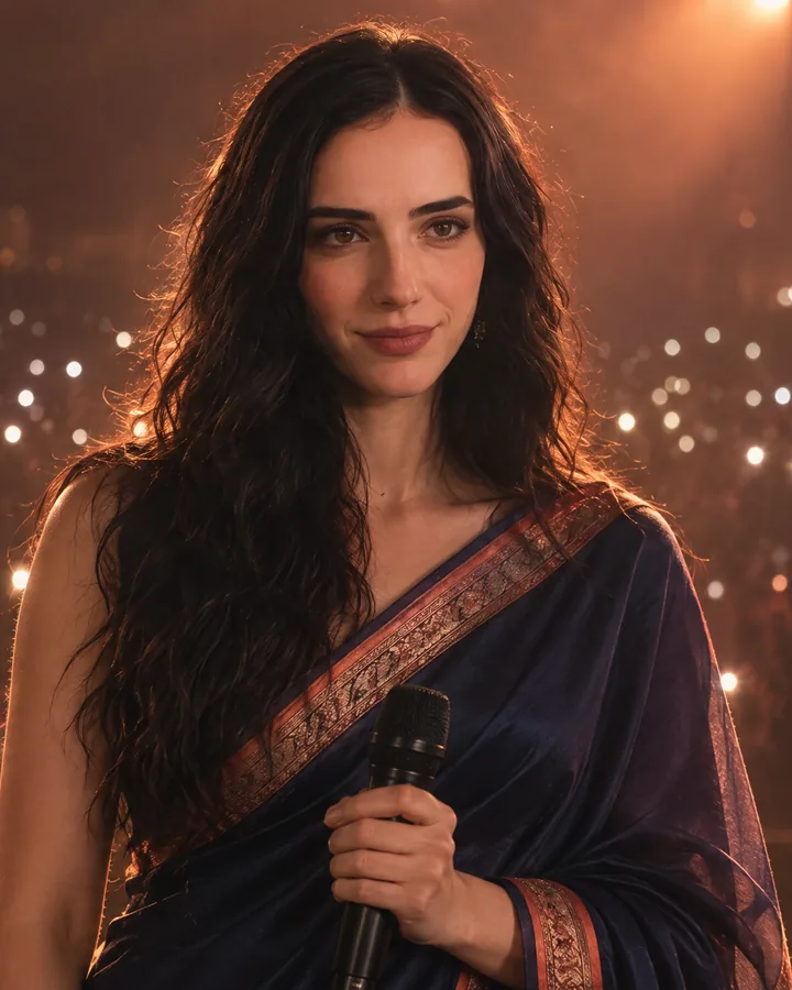 Subah on a concert stage with a microphone