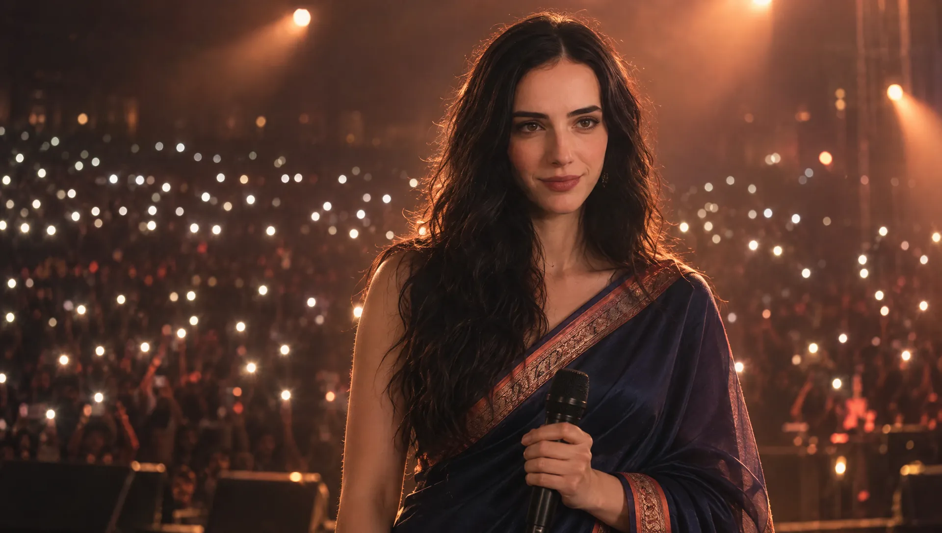 Subah on a concert stage holding a microphone, the crowd's phone lights behind her