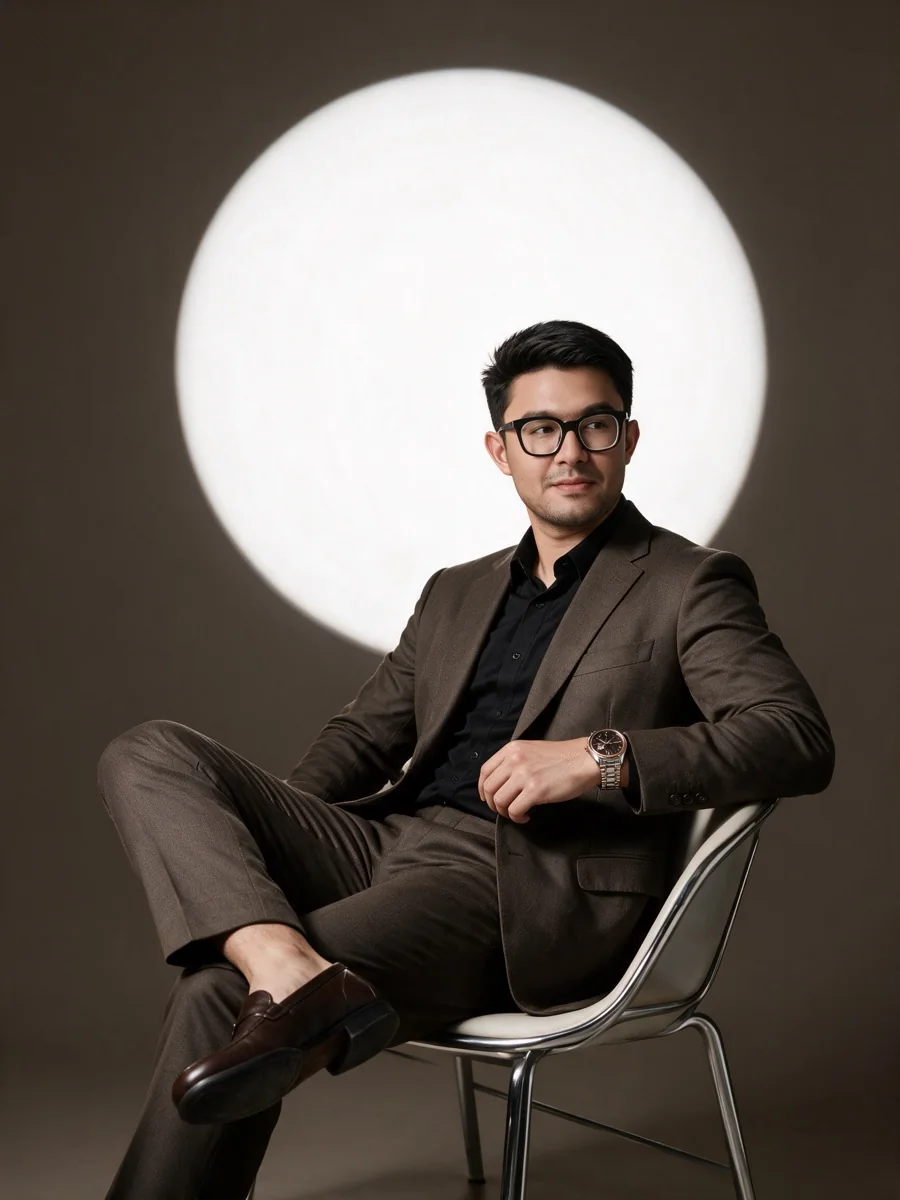 Tanvir Israque, seated, in a brown suit