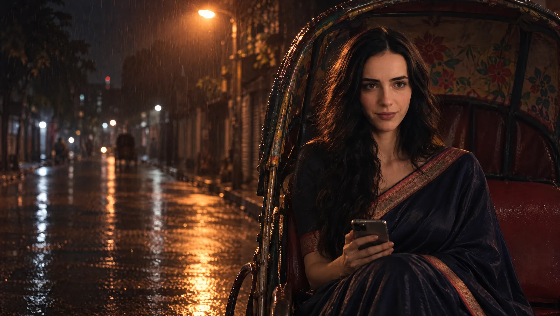 Subah in a rickshaw on a rain-wet Dhaka street at night, phone in hand