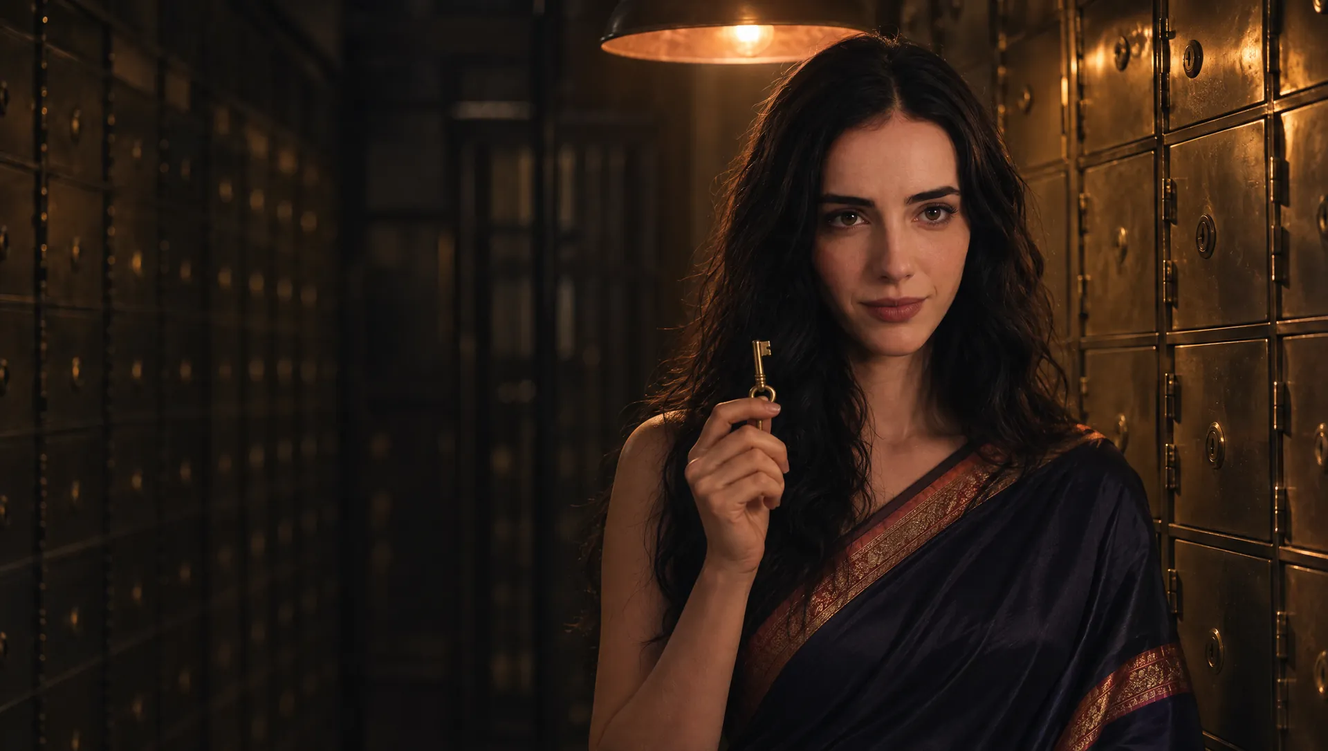 Subah holding a small brass key in front of a wall of safe-deposit boxes